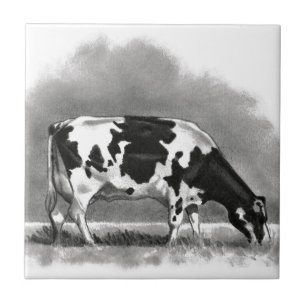 Holstein Cow Grazing: Realism Pencil Drawing Tegeltje