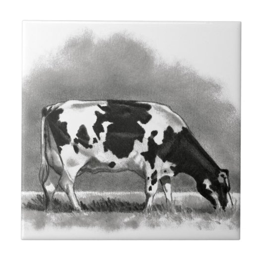 Holstein Cow Grazing: Realism Pencil Drawing Tegeltje (Voorkant)