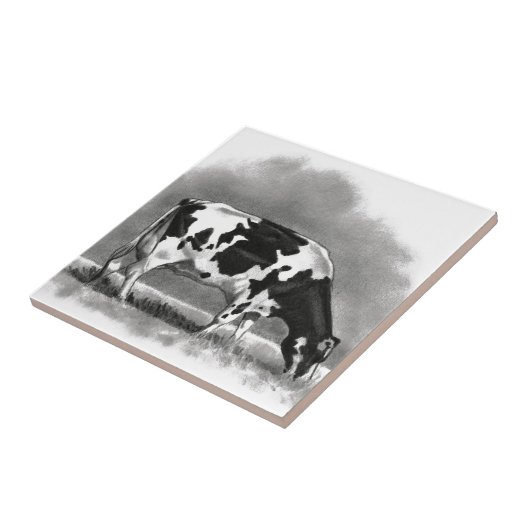 Holstein Cow Grazing: Realism Pencil Drawing Tegeltje (Zijkant)