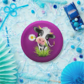 Holstein cow in grass over purple papieren bordje (Feest)
