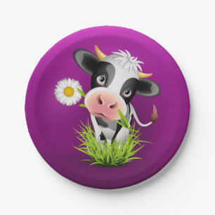 Holstein cow in grass over purple papieren bordje