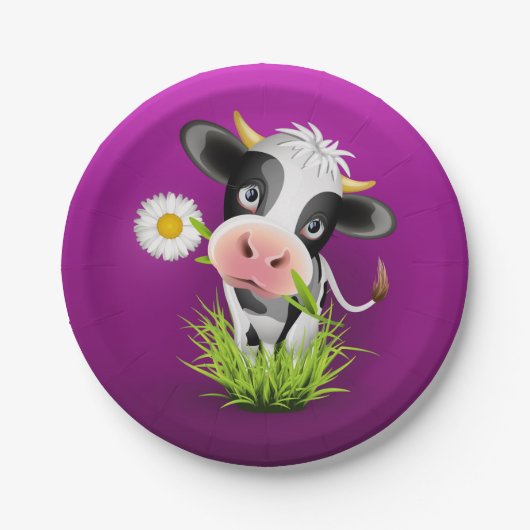 Holstein cow in grass over purple papieren bordje (Voorkant)