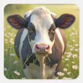 Holstein in groene weide met madeliefjes vierkante sticker (Voorkant)