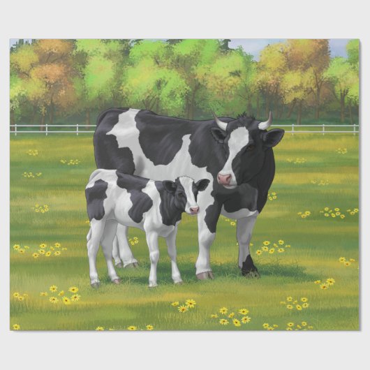 Holstein Koe & Cute Calf in zomerperiode Cadeaupapier (Vlak)