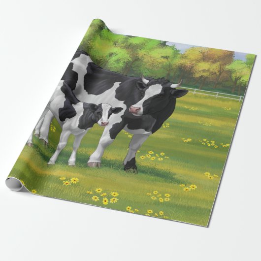 Holstein Koe & Cute Calf in zomerperiode Cadeaupapier (Uitgerold)