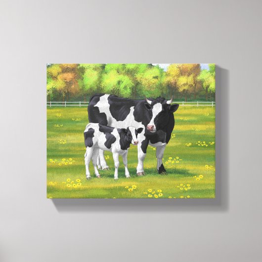 Holstein Koe & Cute Calf in zomerperiode Canvas Afdruk (Voorkant)