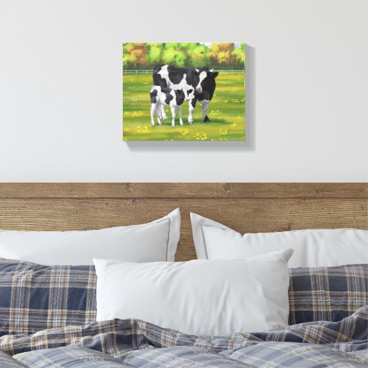 Holstein Koe & Cute Calf in zomerperiode Canvas Afdruk (Insitu (Slaapkamer))