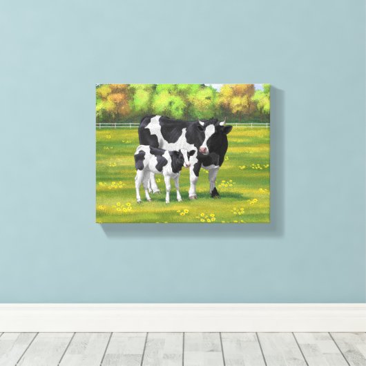 Holstein Koe & Cute Calf in zomerperiode Canvas Afdruk (Insitu (Houten vloer))