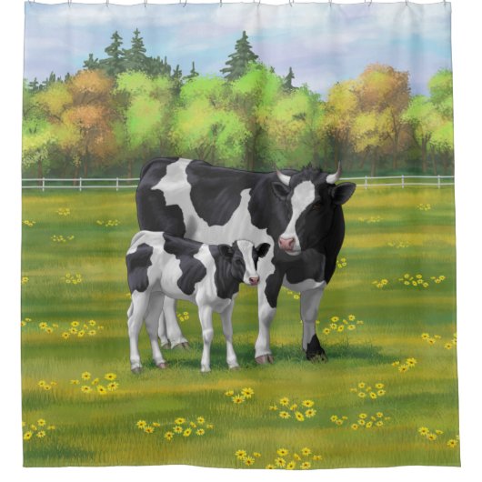 Holstein Koe & Cute Calf in zomerperiode Douchegordijn (Voorkant)