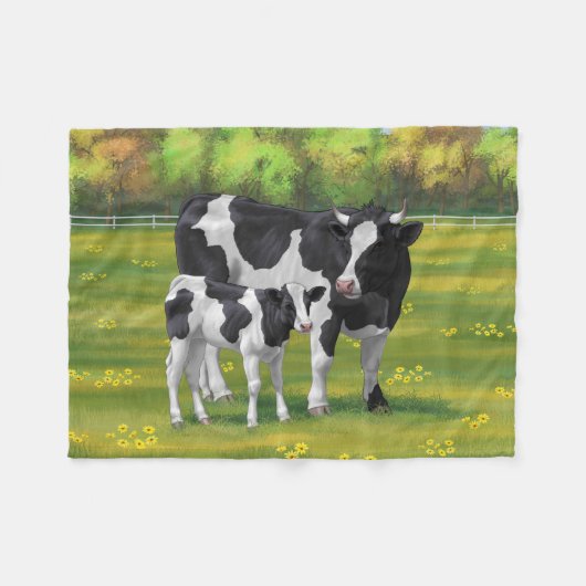 Holstein Koe & Cute Calf in zomerperiode Fleece Deken (Voorkant (Horizontaal))
