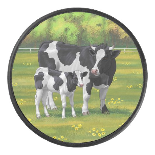 Holstein Koe & Cute Calf in zomerperiode Hockey Puck (Voorkant)
