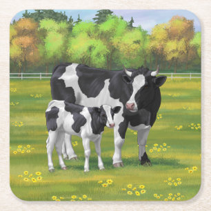 Holstein Koe & Cute Calf in zomerperiode Kartonnen Onderzetters