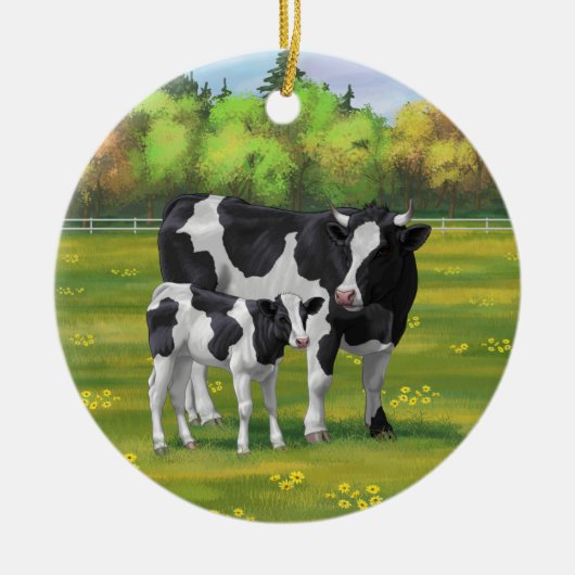 Holstein Koe & Cute Calf in zomerperiode Keramisch Ornament (Voorkant)