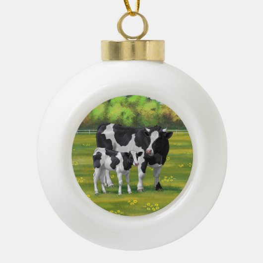 Holstein Koe & Cute Calf in zomerperiode Keramische Bal Ornament (Voorkant)