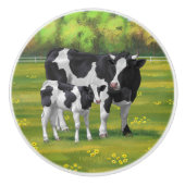 Holstein Koe & Cute Calf in zomerperiode Keramische Knop (Voorkant)