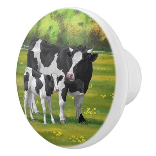 Holstein Koe & Cute Calf in zomerperiode Keramische Knop (Rechts)