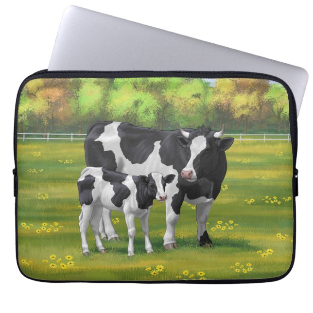 Holstein Koe & Cute Calf in zomerperiode Laptop Sleeve (Voorkant)