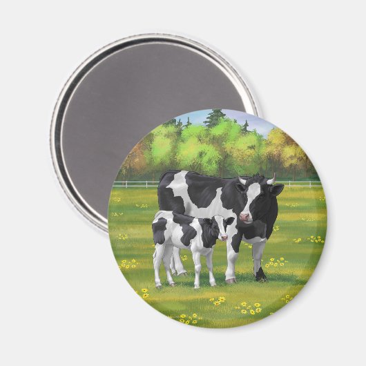 Holstein Koe & Cute Calf in zomerperiode Magneet (Voorkant / Achterkant)