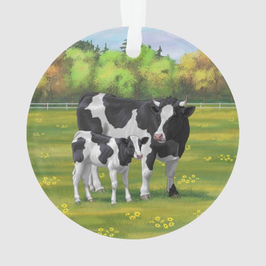 Holstein Koe & Cute Calf in zomerperiode Ornament (achterkant)