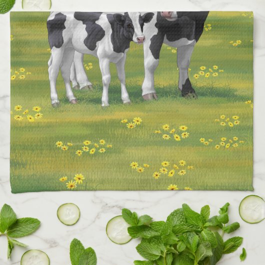 Holstein Koe & Cute Calf in zomerperiode Theedoek (Gevouwen)