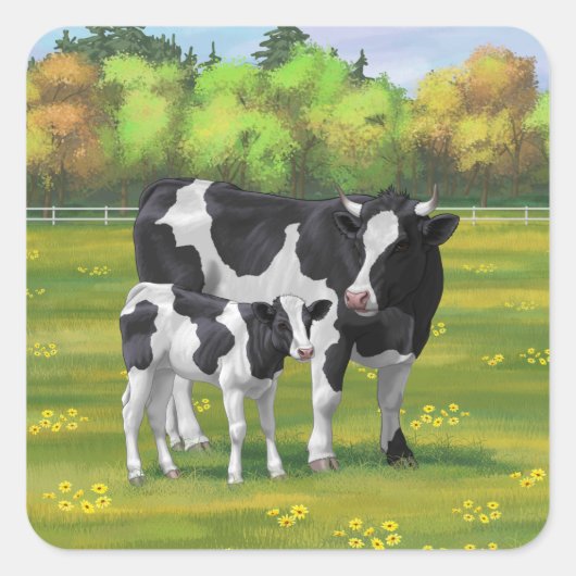 Holstein Koe & Cute Calf in zomerperiode Vierkante Sticker (Voorkant)