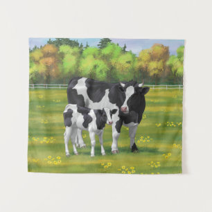 Holstein Koe & Cute Calf in zomerperiode Wandkleed