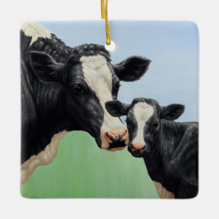 Holstein Koe en Calf Keramisch Ornament