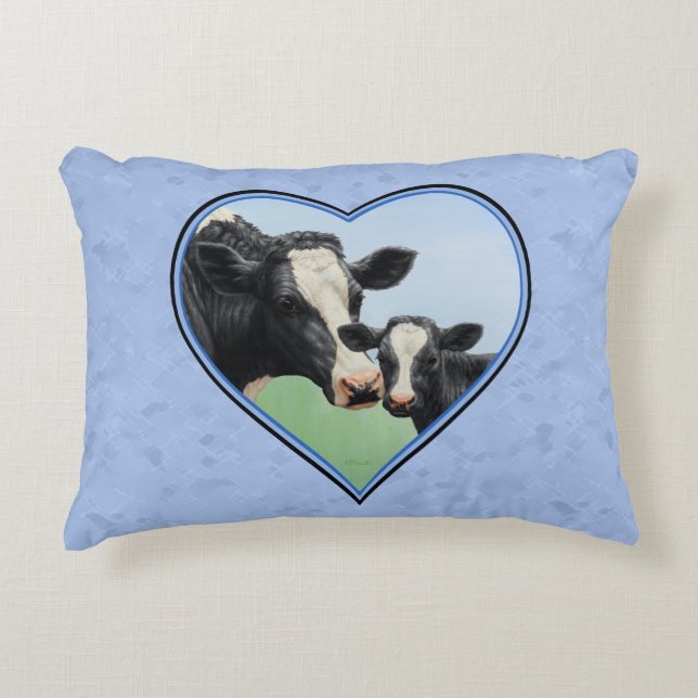 Holstein Koe en Cute Calf Blue Heart Accent Kussen (Voorkant)
