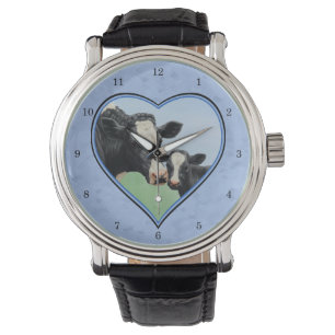 Holstein Koe en Cute Calf Blue Heart Horloge