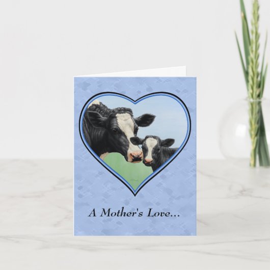 Holstein Koe en Cute Calf Blue Heart Kaart (Voorkant)