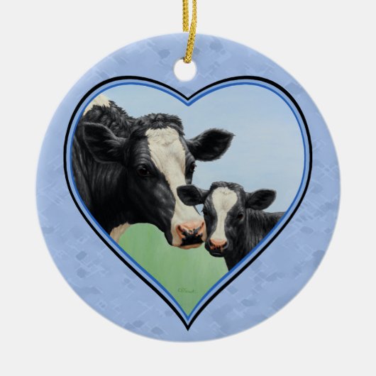 Holstein Koe en Cute Calf Blue Heart Keramisch Ornament (Voorkant)