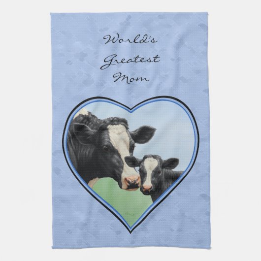 Holstein Koe en Cute Calf Blue Heart Theedoek (Verticaal)
