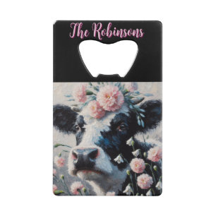 Holstein Koe in Bloemen Boerderij Boerderij Schild Creditkaart Flessenopener