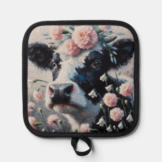 Holstein Koe in Bloemen Boerderij Boerderij Schild Pannenlap (Voorkant)