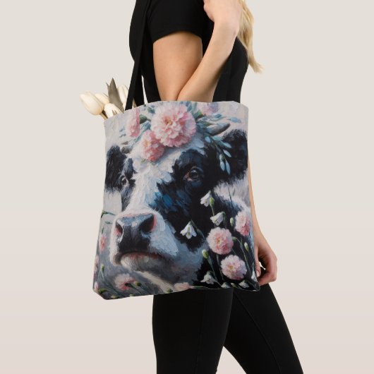 Holstein Koe in Bloemen Boerderij Boerderij Schild Tote Bag (Dichtbij)
