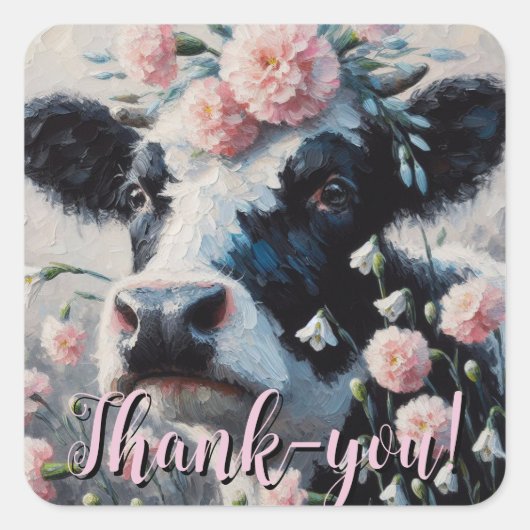 Holstein Koe in Bloemen Boerderij Boerderij Schild Vierkante Sticker (Voorkant)