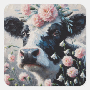Holstein Koe in Bloemen Boerderij Boerderij Schild Vierkante Sticker