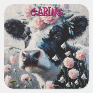 Holstein Koe in Roze Anjer Bloemen Boerderij Koeie Vierkante Sticker