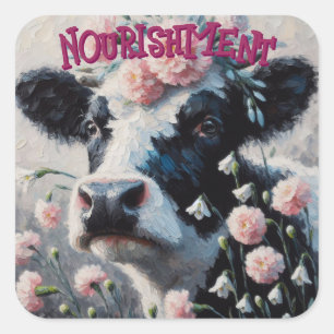 Holstein Koe in Roze Anjer Bloemen Boerderij Koeie Vierkante Sticker