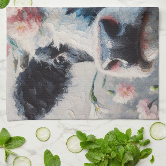 Holstein Koe in Roze Anjers Schilderen Theedoek (Gevouwen)