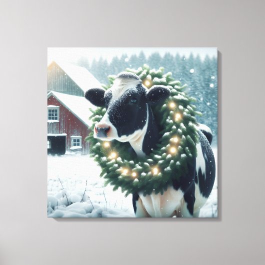 Holstein Koe met een kerstkrans Canvas Afdruk (Voorkant)
