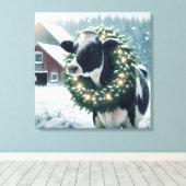 Holstein Koe met een kerstkrans Canvas Afdruk (Insitu (Houten vloer))