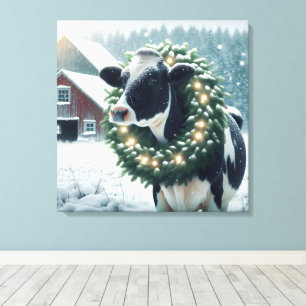 Holstein Koe met een kerstkrans Canvas Afdruk