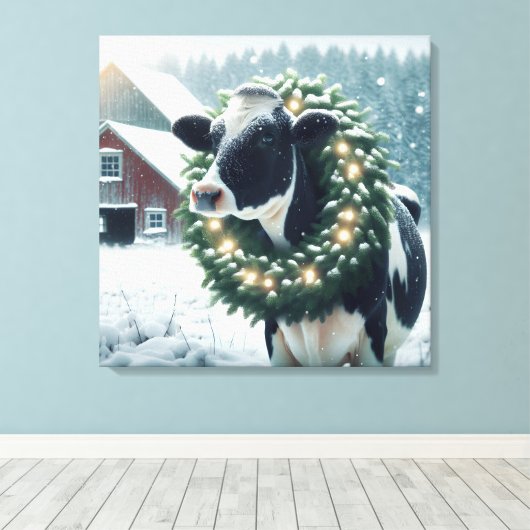 Holstein Koe met een kerstkrans Canvas Afdruk (Insitu (Houten vloer))