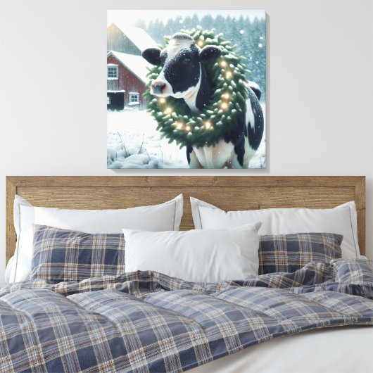 Holstein Koe met een kerstkrans Canvas Afdruk (Insitu (Slaapkamer))