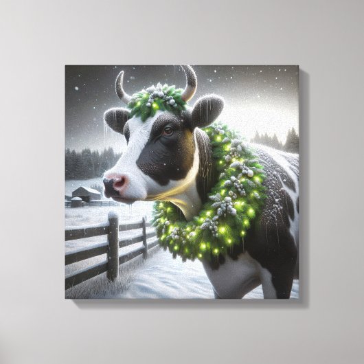Holstein Koe met een kerstkrans Canvas Afdruk (Voorkant)