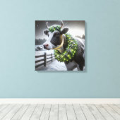 Holstein Koe met een kerstkrans Canvas Afdruk (Insitu (Houten vloer))