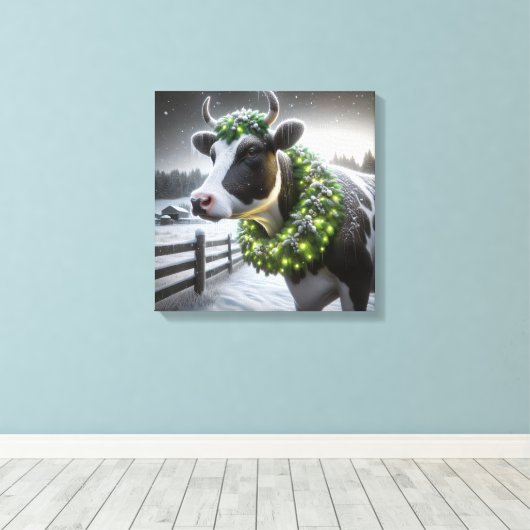 Holstein Koe met een kerstkrans Canvas Afdruk (Insitu (Houten vloer))