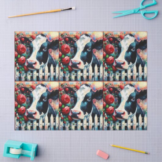 Holstein Koe Picket Fence Red Roses Decoupage Tissuepapier (Craft)