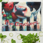Holstein Koe Picket Fence Red Roses gepersonalisee Theedoek (Gevouwen)
